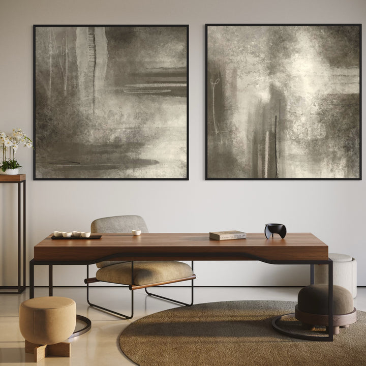 Neutral Abstract Diptych Above a Walnut Desk with a Taupe Chair and Round Ottomans—Serene Greige Wall Art to Elevate a Minimalist Home Office or Studio.