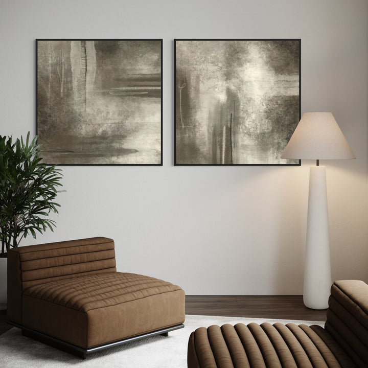 Neutral Abstract Diptych Above Brown Lounge Chairs With a White Floor Lamp and Greenery—Serene Greige Wall Art for a Warm, Modern Living Room.