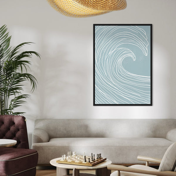 Modern Abstract Framed Canvas Wall Art – Living Room Decor, displayed above a Dirty White sofa, with a round coffee table, indoor plant, and soft natural lighting.