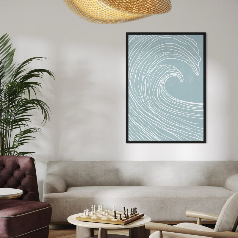 Modern Abstract Framed Canvas Wall Art – Living Room Decor, displayed above a Dirty White sofa, with a round coffee table, indoor plant, and soft natural lighting.