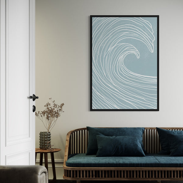Modern Abstract Framed Canvas Wall Art – Living Room Decor, styled above a natural wood-framed sofa with teal cushions, white wall, and minimalist decor.