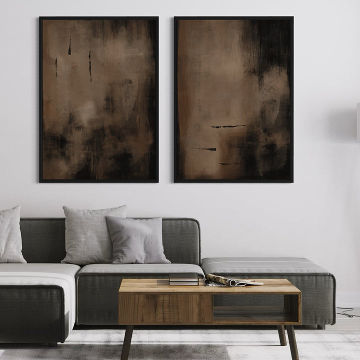 Minimalist Living Room Decor – Framed Abstract Canvas Wall Art in Brown & Black with Grey Sectional Sofa & Wood Coffee Table
