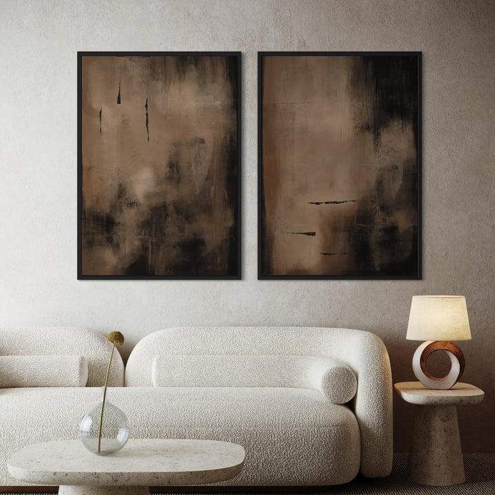 Minimalist Living Room Decor – Framed Abstract Canvas Wall Art in Brown & Black with Cream Sectional Sofa & Stone Coffee Table, Minimalist Lamp.
