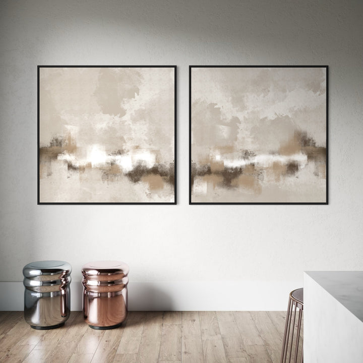 Neutral Abstract Framed Canvas Wall Art Set – with Metallic Chrome and Rose Gold Side Stools with Wood Flooring in Minimalist Contemporary Room