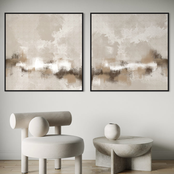Framed Canvas Neutral Abstract Wall Art Prints in Sculptural Minimalist Space with Modern Accent Chair and Stone-Inspired Coffee Table