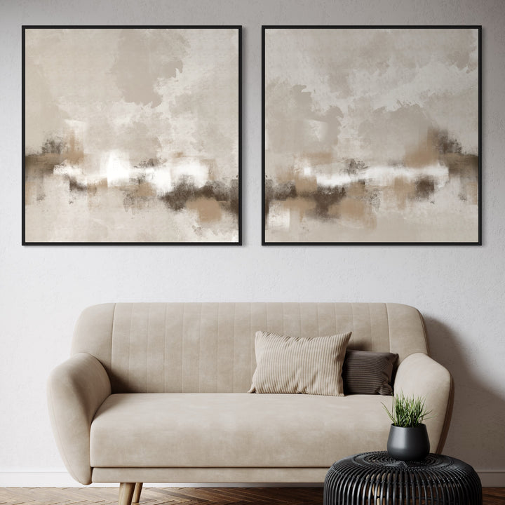 Neutral Abstract Framed Canvas Wall Art Set –  Light Tan Sofa with Textured Throw Pillows, Black Woven Round Side Table & Minimal Decor in Cozy Modern Living Room