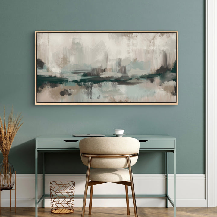 Modern Abstract Art Wall Decor Styled with Sage Green Writing Desk, Cream Upholstered Chair With Brass Legs, Copper Wire Basket, Dried Wheat Stems. Perfect for Modern Home Office.