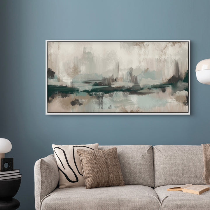 Modern Abstract Art Wall Decor Styled with Gray Textured Sofa and Woven Brown Pillow, Round Black Side Table with White Mushroom Table Lamp, and a Blue Feature Wall. Perfect for Contemporary Living Room.