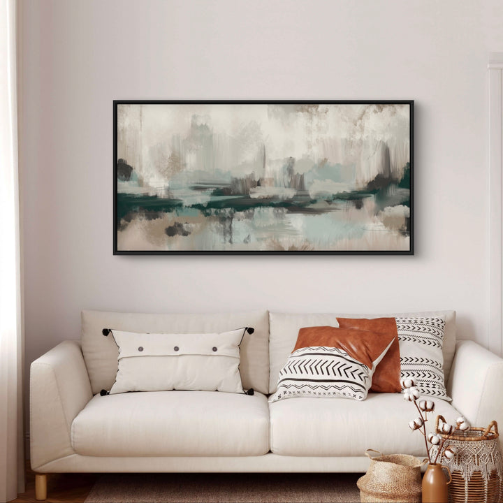 Modern Abstract Art Wall Decor Styled with Cream Sofa, Mixed Throw Pillows, Brown Ceramic Vase With Cotton Stems, Woven Basket, and a Neutral Rug. Perfect for Cozy Living Room.