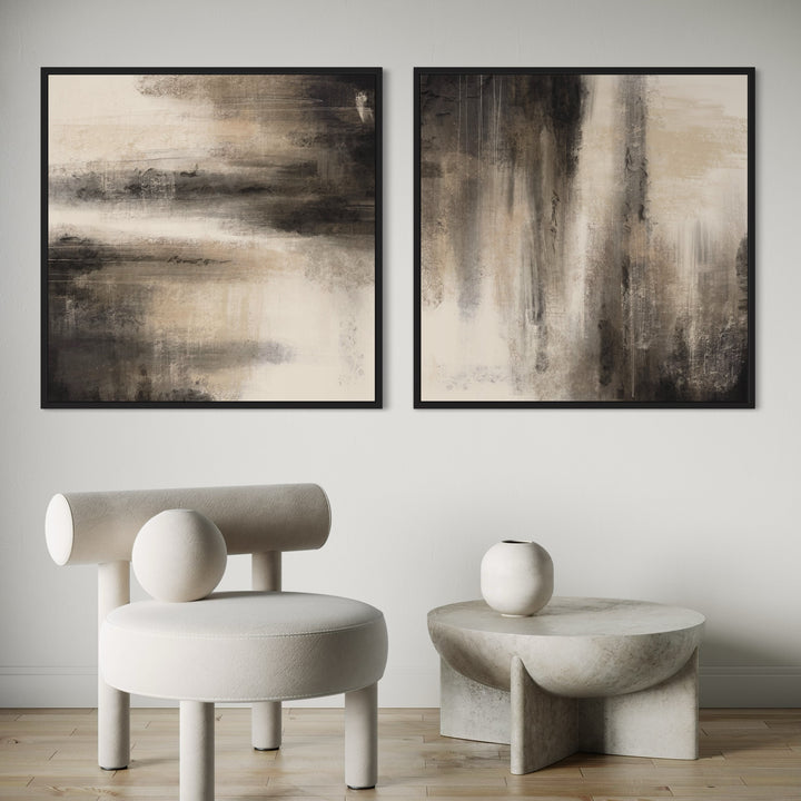Modern Cozy Abstract Wall Art Styled with Cream Sculptural Accent Chair, Round Stone Coffee Table, Minimal White Ceramic Vase, and Light Wood Floor. Perfect for Contemporary Reading Nook Or Living Room.
