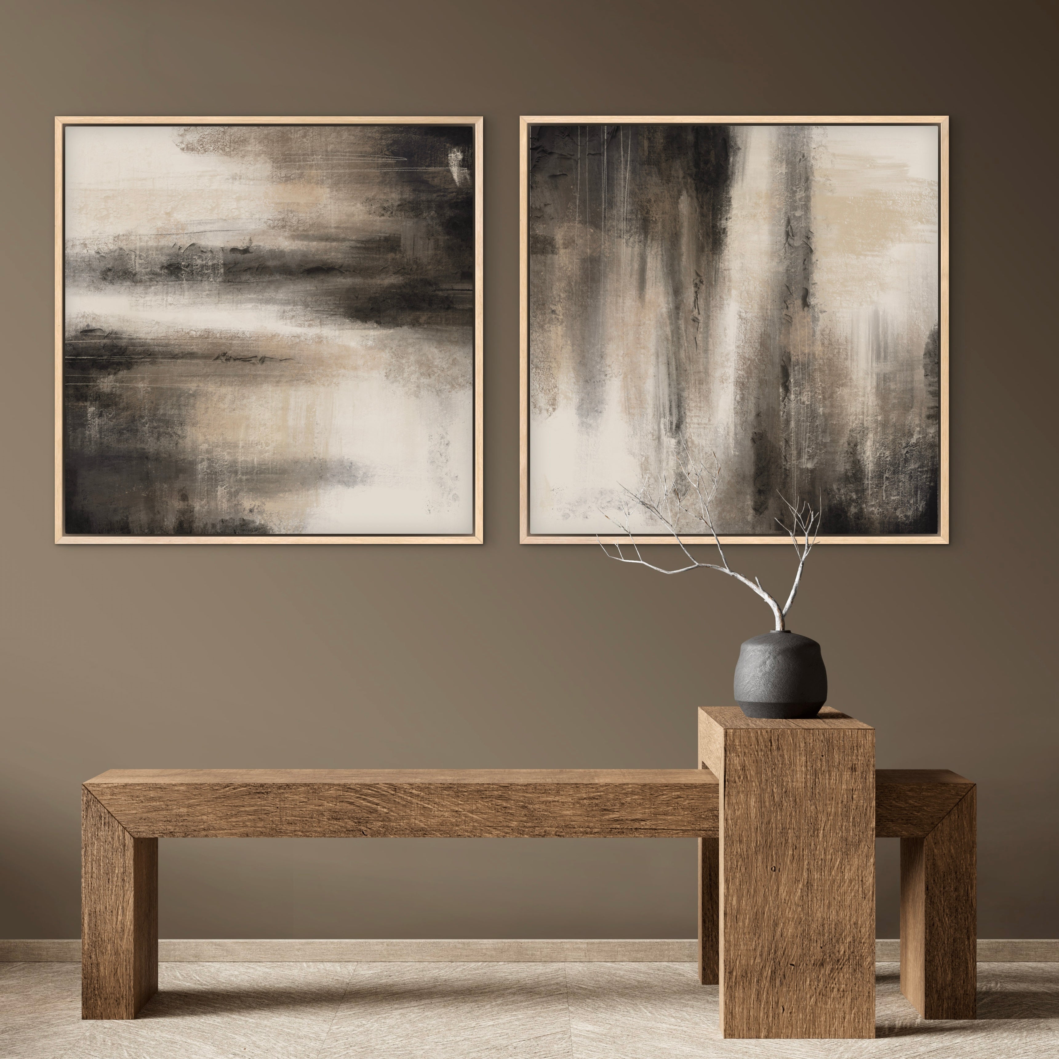 Modern Cozy Abstract Wall Art Styled with Solid Wood Geometric Bench, Charcoal Ceramic Vase With Branches, Warm Taupe Wall, and Stone-Look Floor Tiles. Perfect for Organic Modern Entryway.