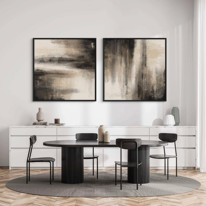 Modern Cozy Abstract Wall Art Styled with Black Dining Set, Neutral Vases, Books, Candle, White Sideboard, Pleated Lamp, Sage Vase, and a Round Gray Rug. Perfect for Minimalist Dining Room.