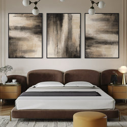 Modern Interior Wall Art – Framed Canvas with Elegant Brown Bed Frame, White Bedding, Tan Side Tables, and Round Bed Chair
