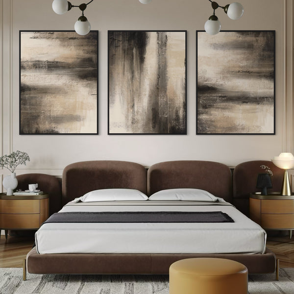 Modern Interior Wall Art – Framed Canvas with Elegant Brown Bed Frame, White Bedding, Tan Side Tables, and Round Bed Chair