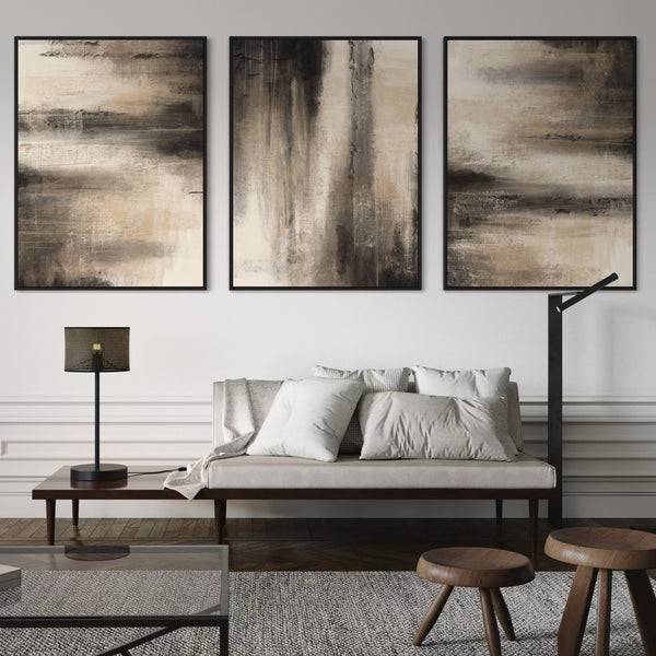 Modern Living Room Wall Art Framed Canvas with White Sofa, Lampshade, Wooden Stools, and Grey Carpet Decor