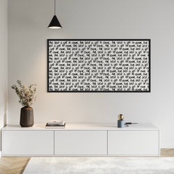 Elegant Wall Art in Living Room –  Paired with a minimalist white wall,  Styled with a sleek low-profile white console, matte black pendant light, and a tall ribbed ceramic vase with soft florals