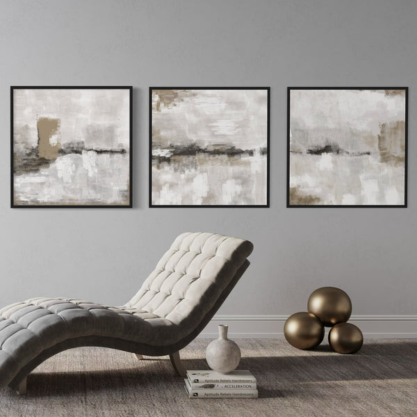 Abstract Wall Art Styled With A Tufted Chaise Lounge Chair, Minimal Ceramic Vase On Stacked Books, Metallic Bronze Spheres. Perfect For A Minimalist Reading Nook.