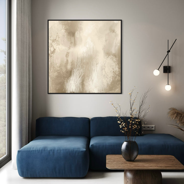 Unique Wall Art Canvas – Living Room Decor with Blue Sofa, Wall Lights, Wooden Center Table, Black Vase, and Decorative Accents
