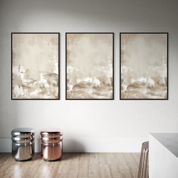 Cozy Abstract Canvas Set Styled With Chrome And Rose-Gold Stools And a White Marble Counter, Calm, Minimalist Art For a Modern Dining Nook.