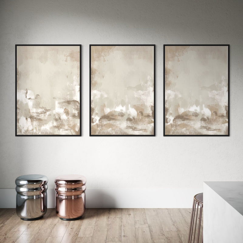 Cozy Abstract Canvas Set Styled With Chrome And Rose-Gold Stools And a White Marble Counter, Calm, Minimalist Art For a Modern Dining Nook.
