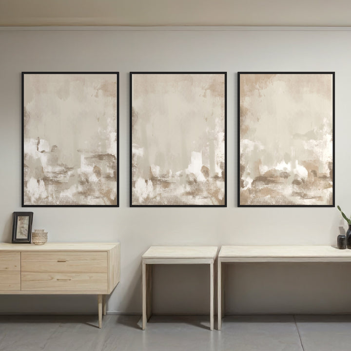 Neutral Abstract Triptych Styled With a Light Wood Sideboard And Nesting Consoles- Sun-Washed Wall Art to Elevate a Modern Hallway or Entryway.