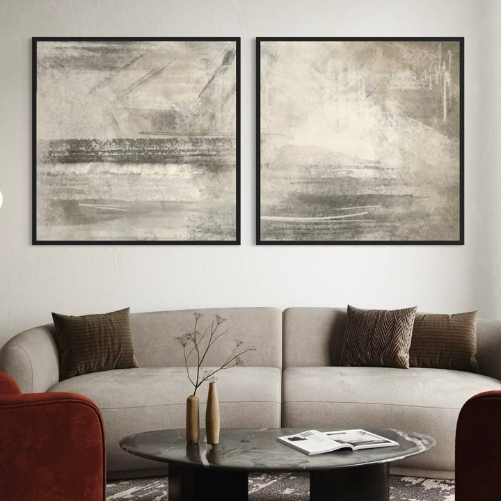 Neutral Abstract Diptych Above a Greige Sectional With Rust Chairs and a Black Marble Table—Serene Greige Wall Art to Elevate a Modern Living Room.