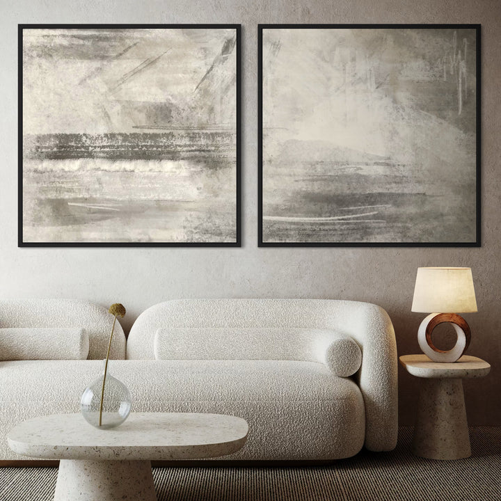 Neutral Abstract Diptych Above a Boucle Sofa With a Stone Coffee Table And Ring Lamp—Serene Greige Wall Art to Elevate a Modern Living Room.