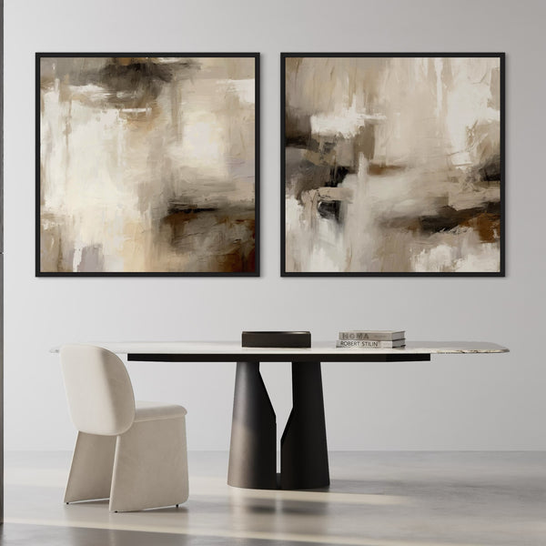 Neutral Abstract Modern Wall Art Prints With a Sleek Black Dining Table with Books and Cream Accent Chair for Classy Living & Dining Rooms