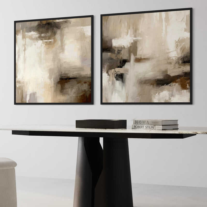Neutral Abstract Modern Wall Art Prints With a Sleek Black Dining Table with Books – Contemporary Home Decor for Living & Dining Rooms
