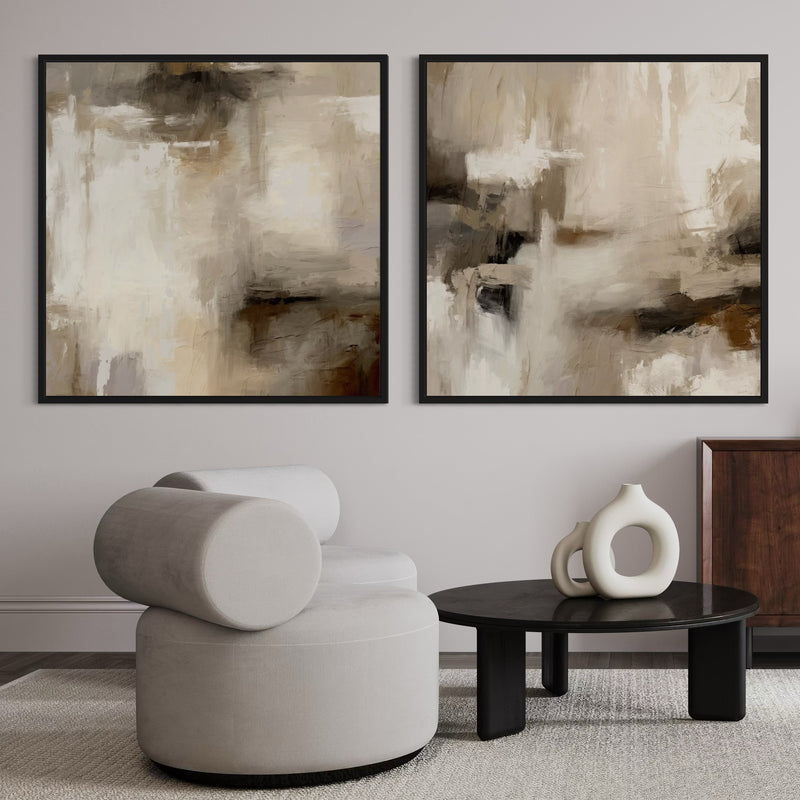 Neutral Abstract Canvas Wall Art with Round Lounge Chair, Modern Vase, and Black Coffee Table in a Minimalist Living Room Setting