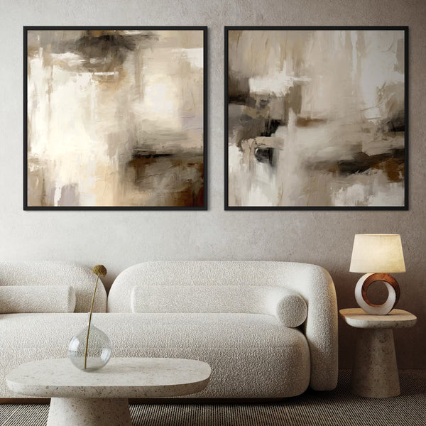 Contemporary Neutral Abstract Canvas Wall Art with Modern Boucle Sofa, Glass Vase, and Textured Side Table Lamp