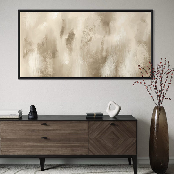 Modern Abstract Wall Art Styled with Walnut and Black Sideboard With Decorative Accent, and Tall Smoke-Glass Vase with Red Berry Branches. Perfect for Contemporary Entryway or Living Room.