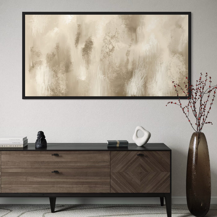 Modern Abstract Wall Art Styled with Walnut and Black Sideboard With Decorative Accent, and Tall Smoke-Glass Vase with Red Berry Branches. Perfect for Contemporary Entryway or Living Room.