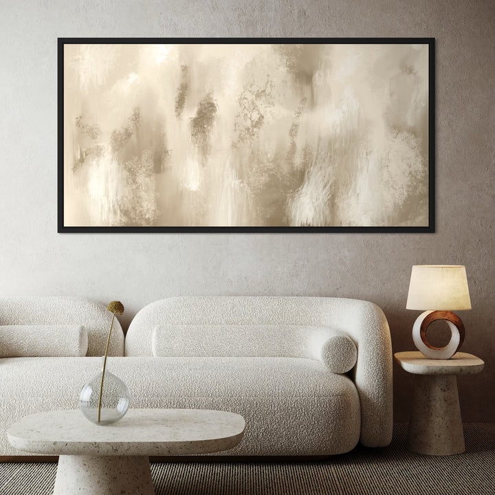 Modern Abstract Wall Art Styled with Cream Bouclé Curved Sofa, Round Terrazzo Coffee Table, Stone Pedestal Side Table with Circular Wood Accent Lamp. Perfect for Contemporary Living Room.