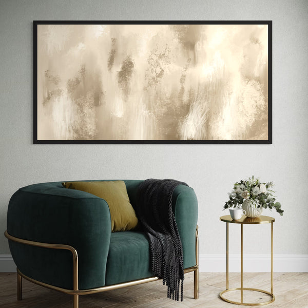 Modern Abstract Wall Art Styled with Emerald Velvet Armchair with Mustard Cushion, Black Herringbone Throw, Gold Round Side Table with Decorative Accent. Perfect for Contemporary Reading Nook.