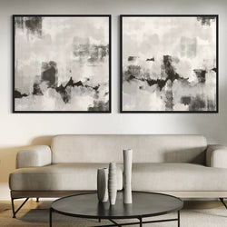 Abstract Wall Art Paired with  a Light Grey Modern Sofa, Black Round Metal Coffee Table, Ribbed Ceramic Vases, and a Soft Grey Rug, Creating a Sleek Neutral Living Room Look.