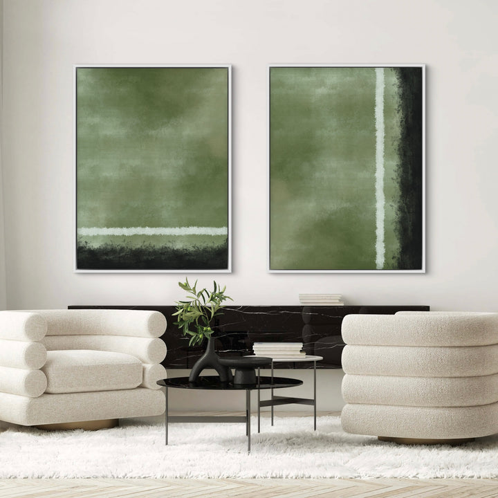 Modern Minimal Abstract Canvas Wall Art Styled with Cream Bouclé Barrel Chairs, Black Marble Console, Nesting Black Coffee Tables, Olive-Branch Vase with Stacked Books, and a White Shag Rug. Perfect for Contemporary Living Room.