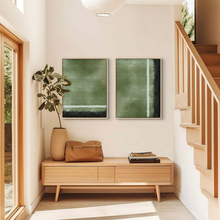 Modern Minimal Abstract Canvas Wall Art Styled with Light Wood Slatted Entry Bench, Tall Beige Vase with Greenery, Tan Leather Bag, Stacked Books, and a Paper Lantern Pendant. Perfect for Scandinavian Entryway.