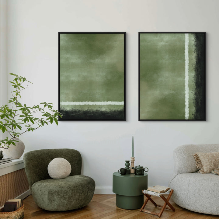 Modern Minimal Abstract Canvas Wall Art Styled with Olive Lounge Chair and Round Textured Cushion, Green Pedestal Side Table with Taper Candle and Tea Set, Neutral Bouclé Sofa with Tan Pillows, Folding Stool, and a Potted Indoor Plant. Perfect for Contemporary Living Room.