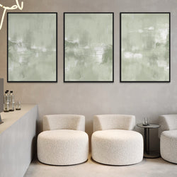 Minimalist Lobby Interior Abstract Framed Canvas Wall Art Prints Above Cream Boucle Accent Chairs with Side Table