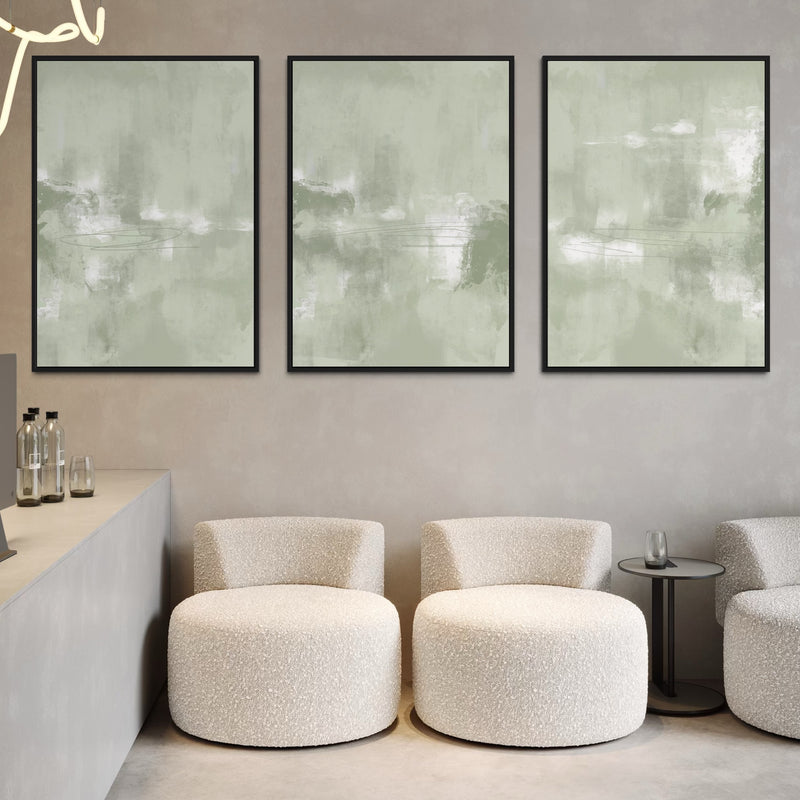 Minimalist Lobby Interior Abstract Framed Canvas Wall Art Prints Above Cream Boucle Accent Chairs with Side Table