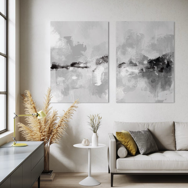 Minimalist Abstract Wall Art paired with Cream Sofa and Pillows, White Pedestal Side Table, Pampas Grass, and Light Accents in a Cozy Modern Living Room