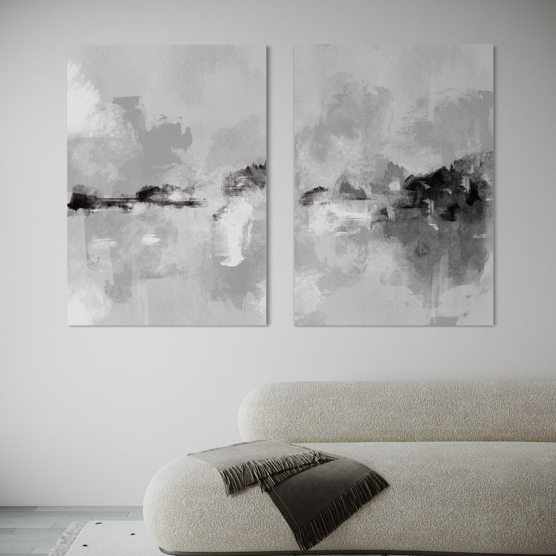 Minimalist Monochrome Abstract Art Wall Decor - Modern Bouclé Curved Chaise / Bench Sofa and Solid Grey with Fringes