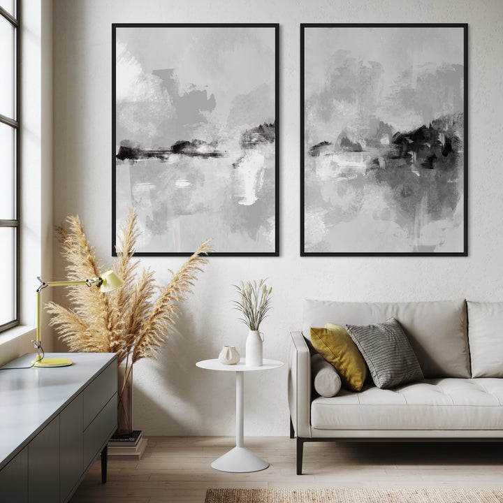 Minimalist Abstract Wall Art paired with Cream Sofa and Pillows, White Pedestal Side Table, Pampas Grass, and Light Accents in a Cozy Modern Living Room