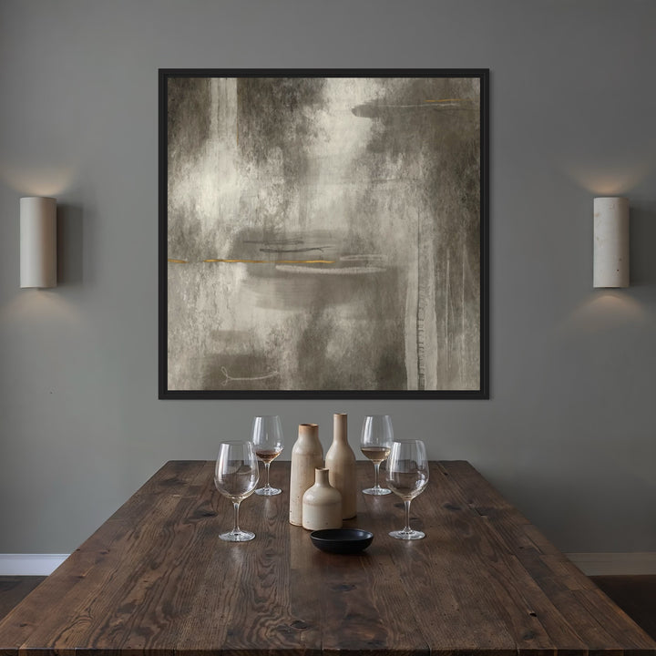 Modern Neutral Abstract Canvas with Gold Accents Above a Rustic Wood Dining Table and Sconces—Elevate an Intimate, Modern Dining Room with Minimalist Wall Art.