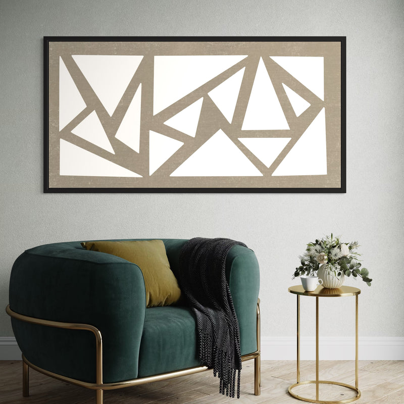 Stylish Abstract Canvas Wall Art in Living Room– Geometric Design, Paired with Luxe Emerald Green Velvet Armchair, Brass Accents, and Minimalist Side Table