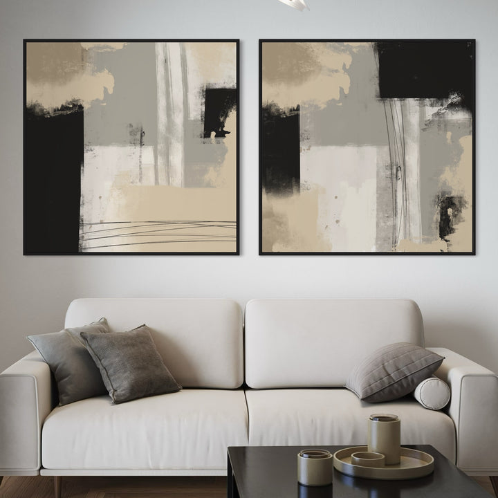 Modern Abstract Framed Canvas Wall Art Set – With White Contemporary Sofa & Grey Accent Cushions, Black Coffee Table & Minimal Decor in Stylish Living Room