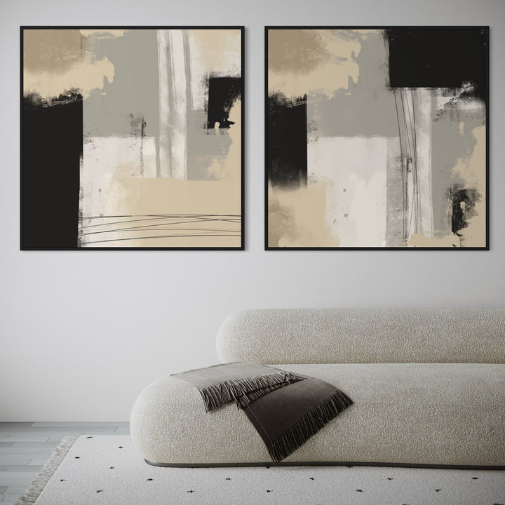 Modern Abstract Framed Canvas Wall Art Set – Pair Above Curved Bouclé Sofa with Throw Blanket on Light Patterned Rug in Minimalist Living Room