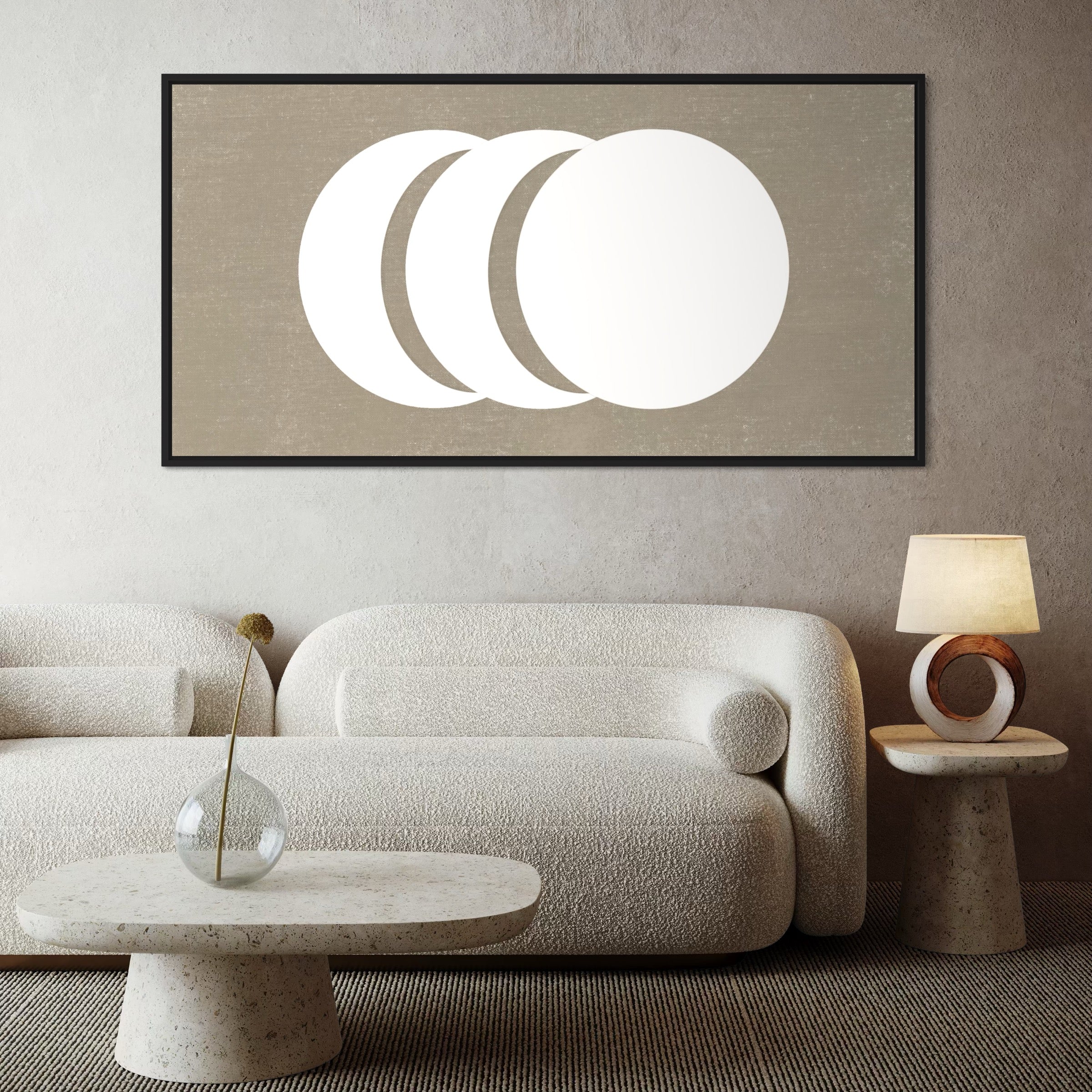 Minimalist Interior Decor – Neutral Framed Canvas Abstract Wall Art with Cream Sofa, Scandinavian Side Table, and Modern Accents