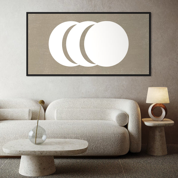 Minimalist Interior Decor – Neutral Framed Canvas Abstract Wall Art with Cream Sofa, Scandinavian Side Table, and Modern Accents